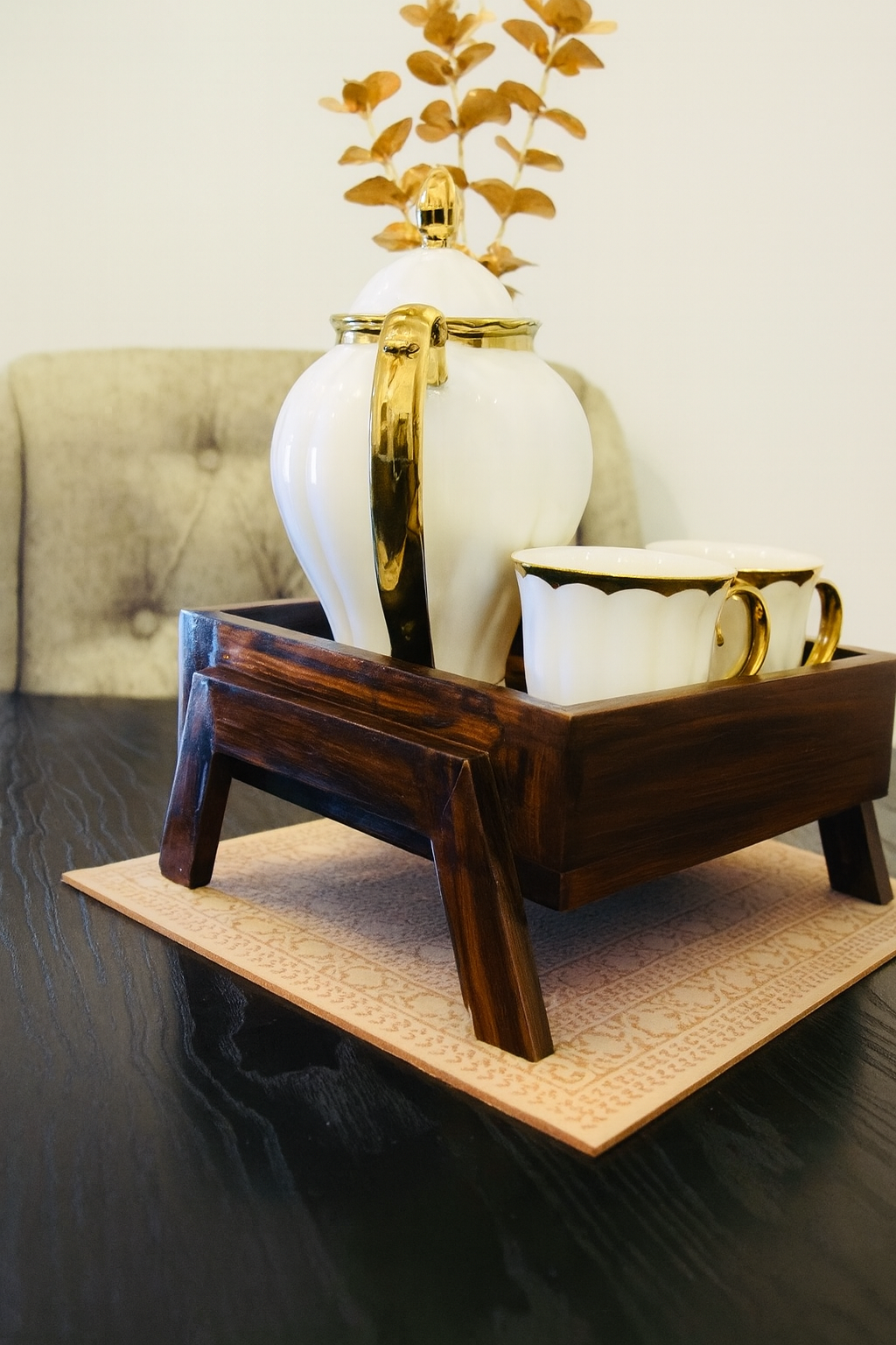 Elevated Wooden Tea Tray – Traditional Rustic Serving Tray