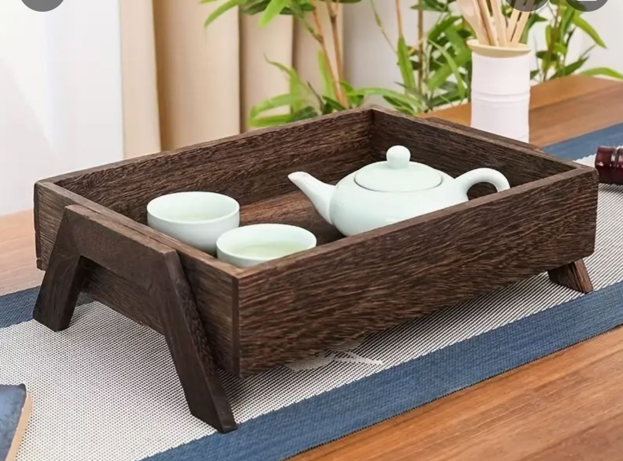 Elevated Wooden Tea Tray – Traditional Rustic Serving Tray